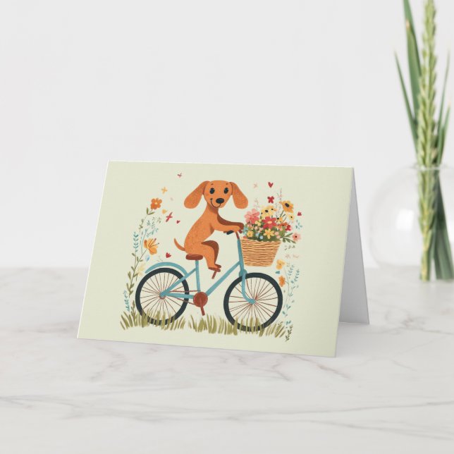 Tack Dachshund Hund Cykling Vårblommor Kort (Framsida)