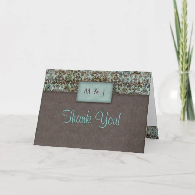 Tack Damask Blå Brun Grattis Kort (Framsida)