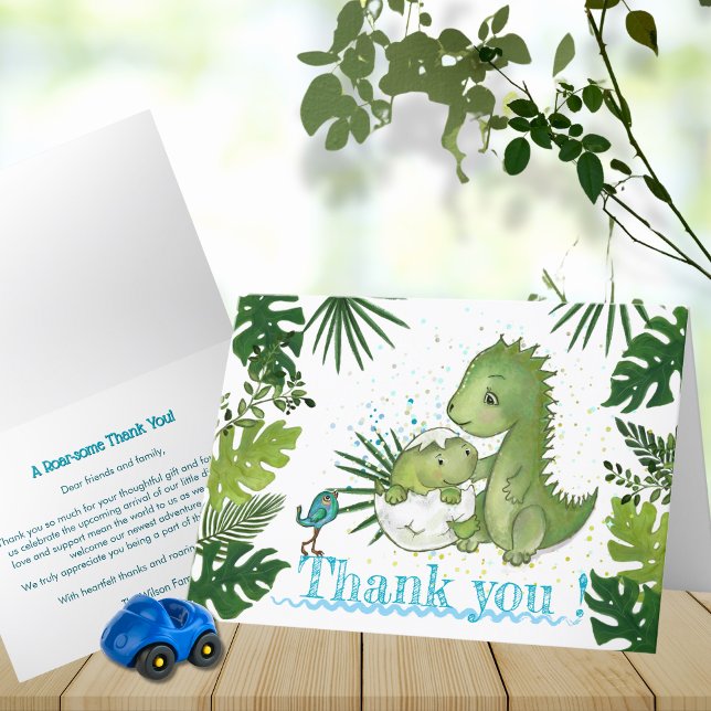 Tack Dino-kort - Tropical Greenery Kort (Thank You Baby Boy Dino Card - Tropical Greenery)