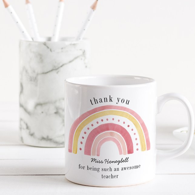 Tack Doodle Rosa Regnbåge Superlärare Kaffemugg (Awesome Teacher thank you gift mug with pastel rainbow)