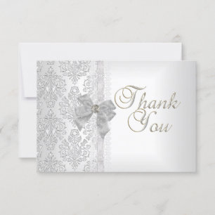 Tack Elegant Bröllop Damask Vit Silverbåge Kort
