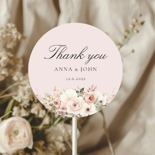 Tack! Elegant, rosa, pastell, blomma, bröllop Runt Klistermärke