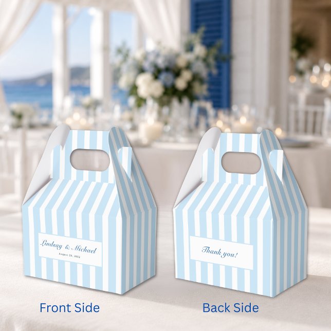 Tack! Eleganta Blå Ränder Monogram Bröllop  Presentaskar (Thank You! Elegant Blue Stripes Monogram Wedding Favor Boxes)