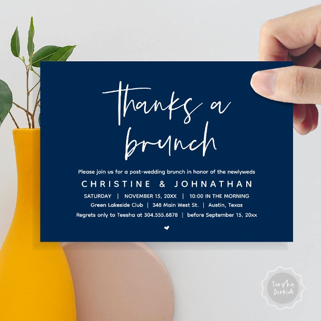 Tack en Brunch, Modern Post Bröllop Firande Inbjudningar (Thanks a brunch, The Morning After, post wedding celebration invitation card, PDF, Navy Blue)