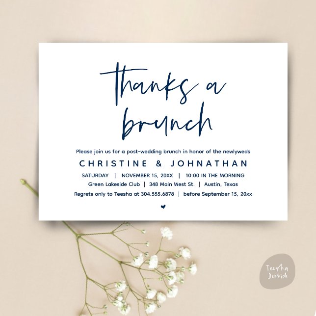 Tack en Brunch, Modern Post Bröllop Firande Inbjudningar (Thanks a brunch, The Morning After, post wedding celebration invitation card, PDF, Navy Blue)