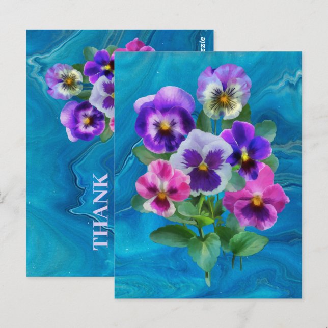 Tack - en bukett med viol och penséblommor vykort (Fram/baksida)