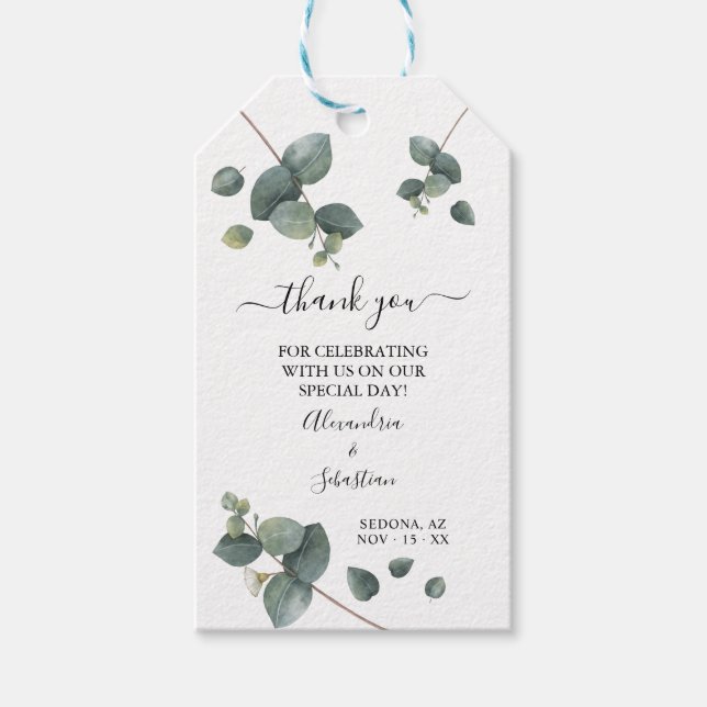 Tack Eucalyptus Greenery Wedding Favor Presentetikett (Framsidan)