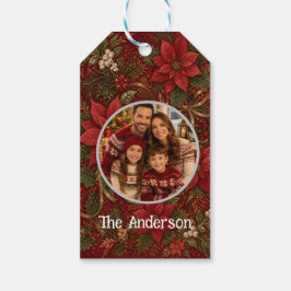 Tack Familj Foto Blommig Mörkröd Jul Presentetikett