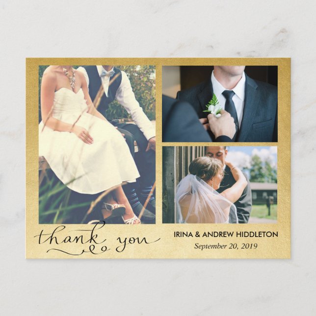 Tack | Faux Gold Foil | Tre foton från Bröllop Vykort (Framsida)