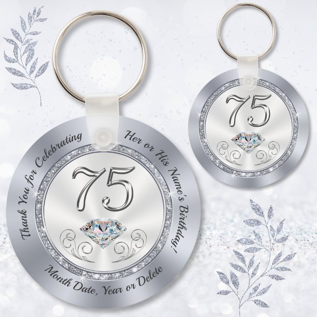 Tack, Favoriter för 75:e födelsedag, 75:e DIAMOND Nyckelring (Favors for 75th Birthday. Diamond Jubilee Birthday Ideas. Personalised, 75th birthday souvenirs.)