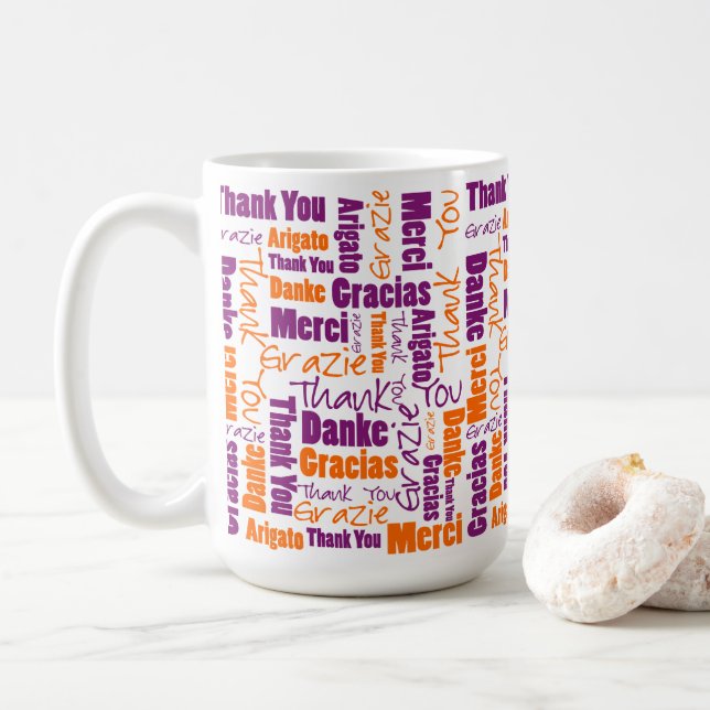 Tack flerspråkig typografi Lila Orange Kaffemugg (Med munk)