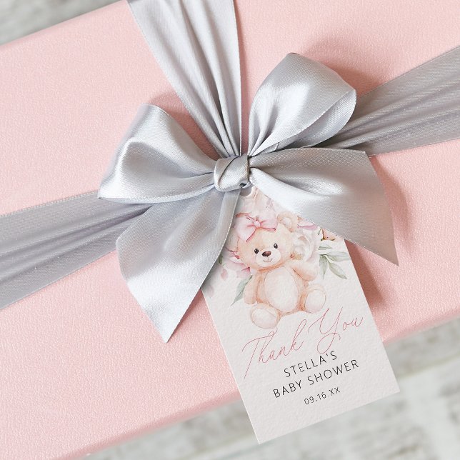 Tack Flicka Teddybjörn Ballonger Baby Shower Presentetikett (Girl Teddy Bear Balloons Thank You Baby Shower Gift Tags)