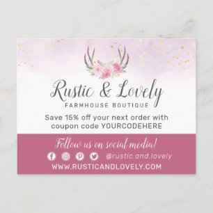 Tack Floral Antlers Rosa & Guld Marmor Vykort