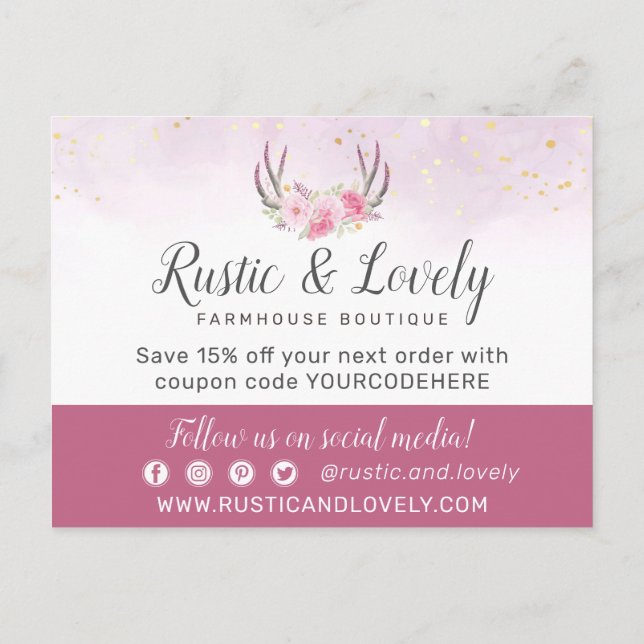 Tack Floral Antlers Rosa & Guld Marmor Vykort (Baksida)
