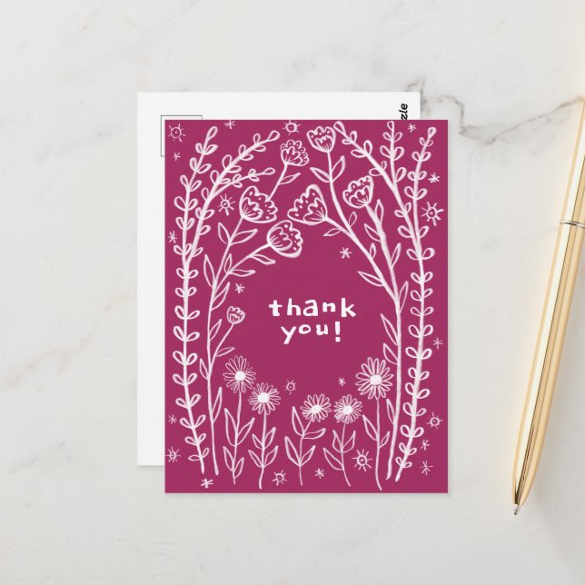 TACK Floral Whimsical Sketch Doodle  Vykort (Fram/Back In Situ)