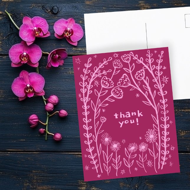 TACK Floral Whimsical Sketch Klotter  Vykort (THANK YOU Floral Whimsical Sketch Doodle Postcard
)