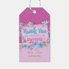 Tack Födelsedagsfest Blommig Rosa Prickar Presentetikett