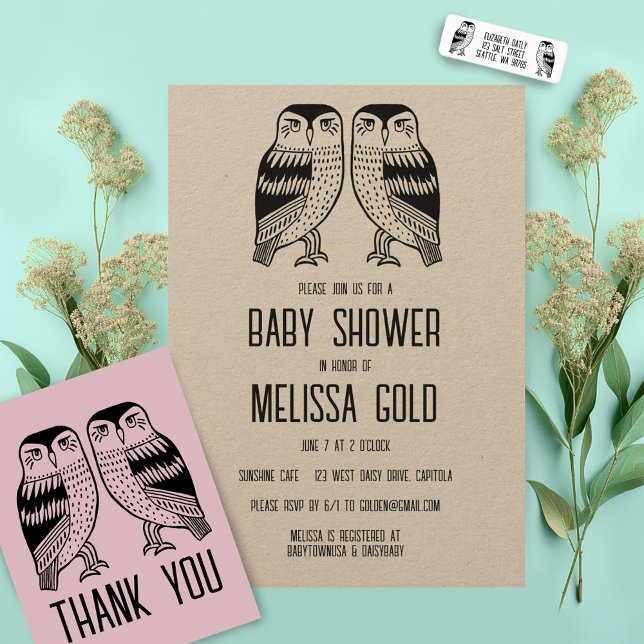 Tack för ANPASSNINGSBAR av enkel Chic med dubbla U Kort (Twin owls thank you card plus matching baby shower invitations and more )