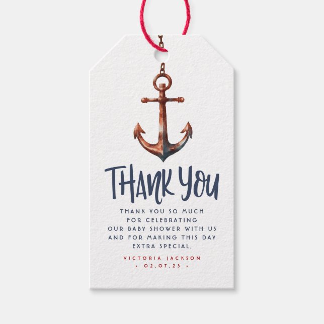 Tack för antarnautisk blått och rött babyskor presentetikett (Framsidan)