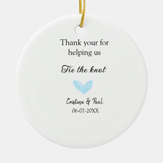 Tack för att du binder knölblått hjärta bröllop. julgransprydnad keramik (Framsidan)
