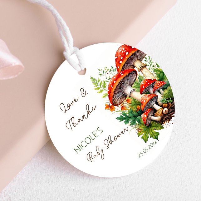 Tack för att du duschar i vildens svampar. gåvor etiketter (Wild forest red mushrooms green fern baby shower thank you favor tags personalized favor tags)