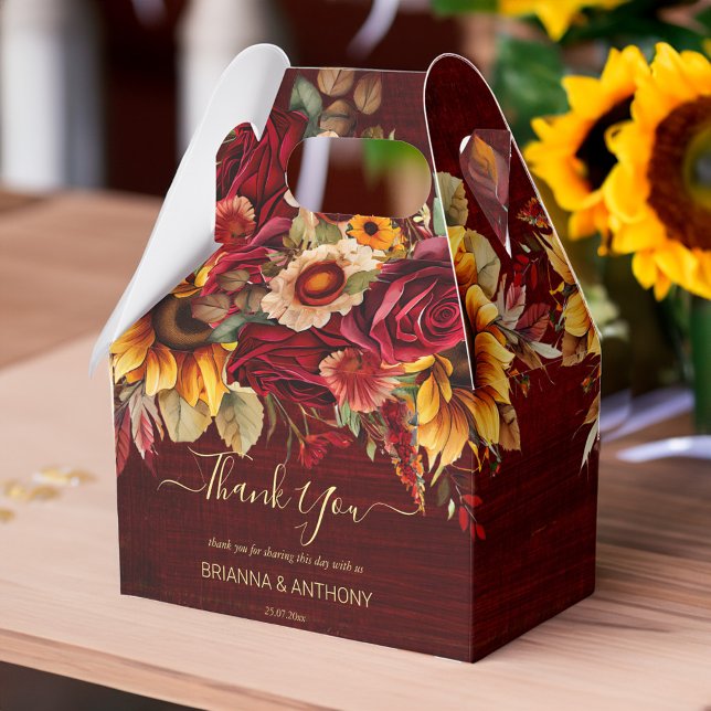 Tack för att du får blommor i ro presentaskar (Fall sunflower wedding favors burgundy roses sunflowers personalized thank you favor box)