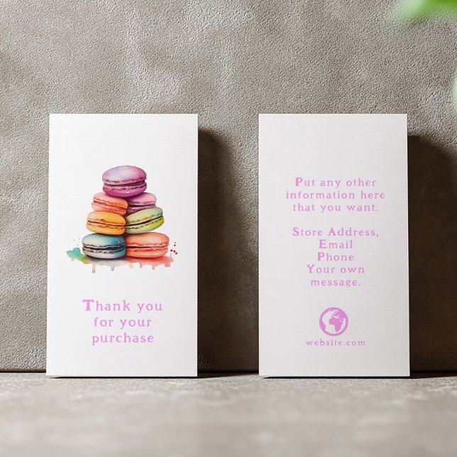 Tack för att du färgade vattenfärgsmakaroner tilläggskort (Fun watercolor macarons thank you insert card with pink text and business details.)