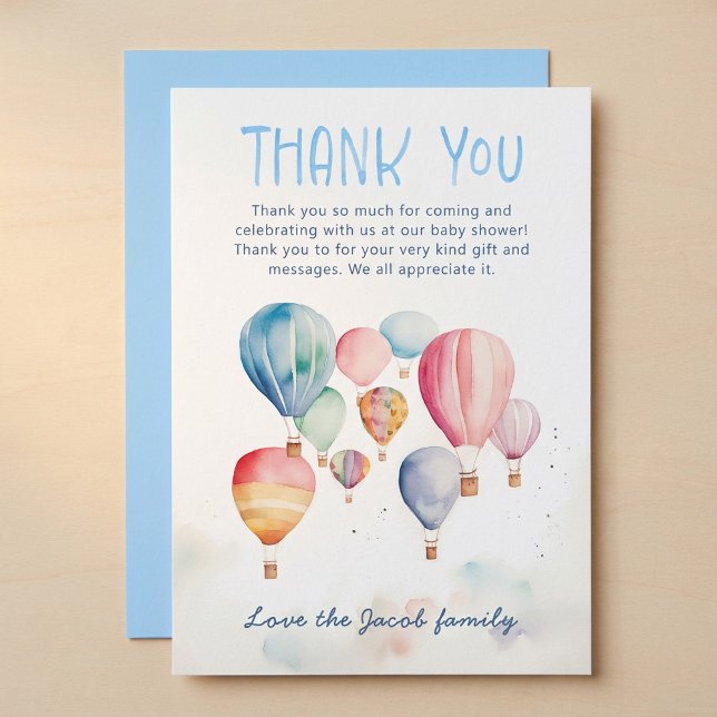 Tack för att du fick en barndusch med luftballonge (Watercolor hot air balloons baby shower thank you)