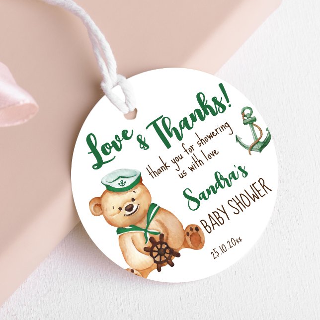 Tack för att du fick en nalle barndusch. gåvor etiketter (Ahoy it's a boy nautical marine baby shower favor gift tags cute teddy with a sailor cap green brown)
