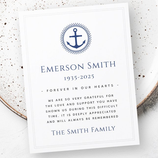 Tack för att du fick ett kort på Nautisk ankarplat (Nautical anchor funeral sympathy thank you card)