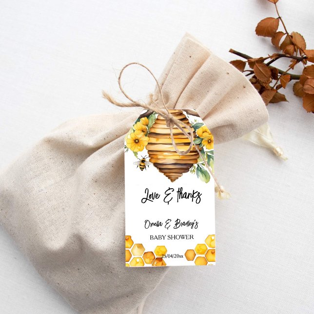 Tack för att du föredrar en mall för babydusch presentetikett (Honey bee baby shower thank you favor template thank you favor gift tags beehive yellow flowers cute)