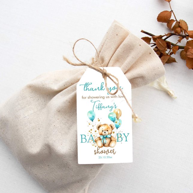 Tack för att du gillar Teddy-babyduschen Presentetikett (Teddy baby shower thank you favor gift tags cute teddy with teal and gold balloons)