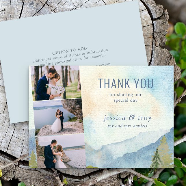 Tack för att du har ett kort för fotoutställningen (Mountain wedding 3 photo thank you card with watercolor scenic background)