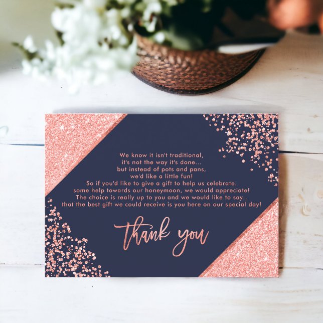 Tack för att du har fått glitter konetti-marinblåt inbjudningar (Coral glitter confetti navy blue wedding thank you invitation)