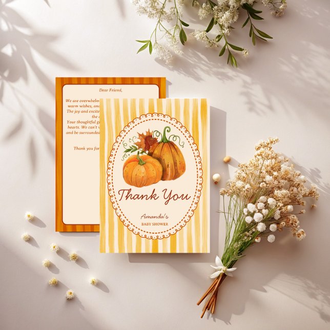 Tack för att du har kort. inbjudningar (Little pumpkin retro stripes fall baby shower thank you cards template)