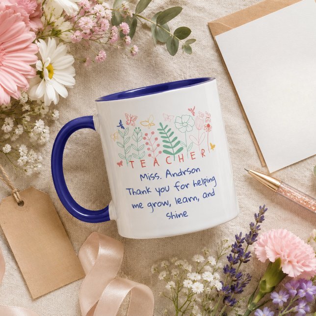 Tack för att du hjälpte mig växa Lärare Vilda blom Mugg (Thank You for Helping Me Grow mug. wildflowers line art floral butterfly colorful spring summer gift)