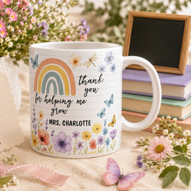 Tack för att du hjälpte mig växa Rainbow Lärare Kaffemugg (teacher appreciation watercolor rainbow colorful, handwritten modern typography wildflowers bloom )