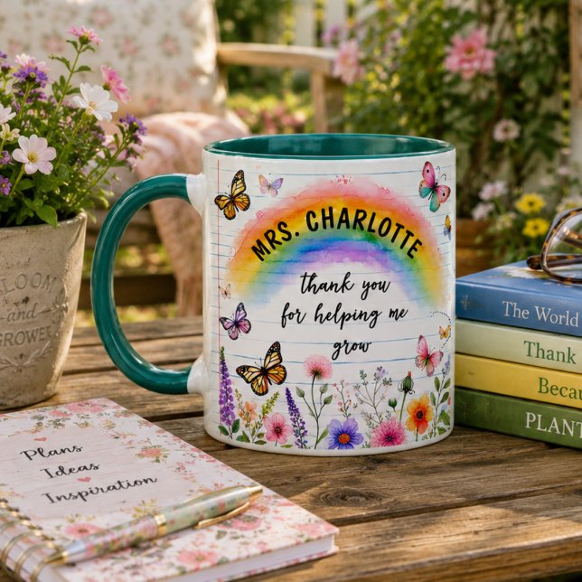 Tack för att du hjälpte mig växa Rainbow Lärare Mugg (Thank You for Helping Me Grow Rainbow Teacher Mug)