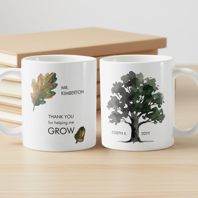 Tack för att du hjälpte mig växa Vattenfärg Ek Trä Kaffemugg (Personalized "thank you for helping me grow" Teacher Appreciation mug by Darling & May)