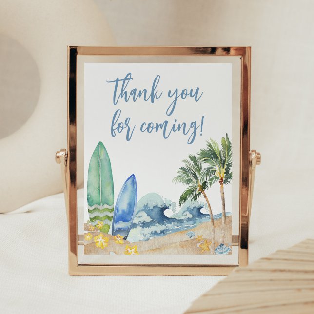 Tack för att du kom, baby i Beach Poster (Surfing Summer Boy Baby Shower Thank you for Coming Sign)