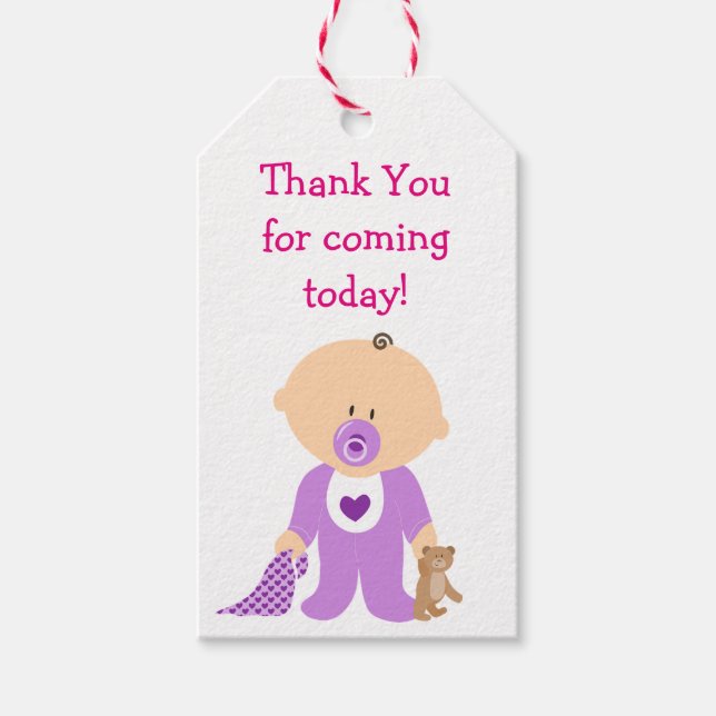Tack för att du kommer hit Märkrn Lila Baby Shower Presentetikett (Framsidan)