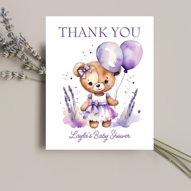 Tack för att du tog nallen med lila tjej (Girl teddy bear baby shower thank you card cute teddy bear with a purple dress balloons thank you)