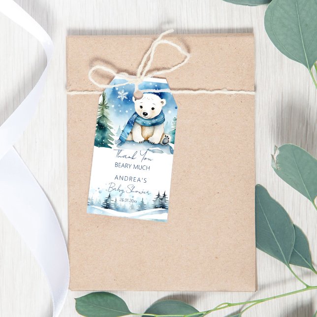 Tack för att du vill ha polarnas björndusch. presentetikett (Polar bear winter baby shower thank you favor gift tags cute white teddy bear pines snowflakes favor)