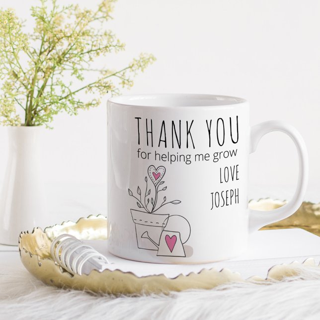 Tack för att hjälpa mig att odla Rosa Plant Doodle Kaffemugg (Teacher gift mug .. Thank you for helping me grow)