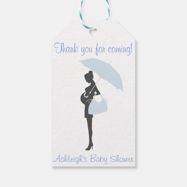 Tack för att komma! Blue Silhouette Baby Shower Presentetikett (Baksidan)