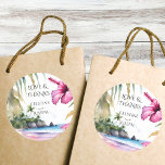 Tack för att ni föredrar den tropiska stranden han runt klistermärke<br><div class="desc">Tropiska höbiscus bröllop föredrar malldekaler,  vattenfärgsstrand rosa hibiscus blommar handflatan löv för destinationsstrandar tack vare att du föredrar klistermärken med brud och groom namn</div>