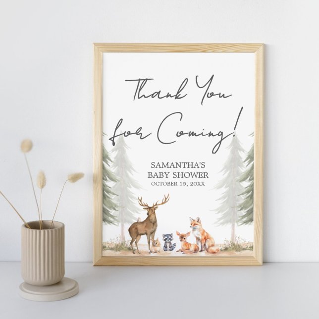 Tack för Äventyr Begin Baby Shower Poster (Let the Adventure Begin Woodland Baby Shower Thank you for Coming Sign)