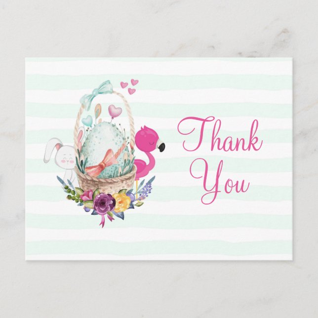 Tack för Baby Shower Egg w/ Flamingo & Bunny Party Vykort (Framsida)
