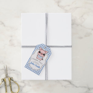 Tack för baby shower för blåttGingham Piggy Presentetikett