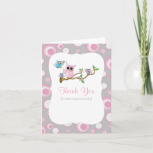 Tack för baby shower för rosa- och gråttbabyuggla kort